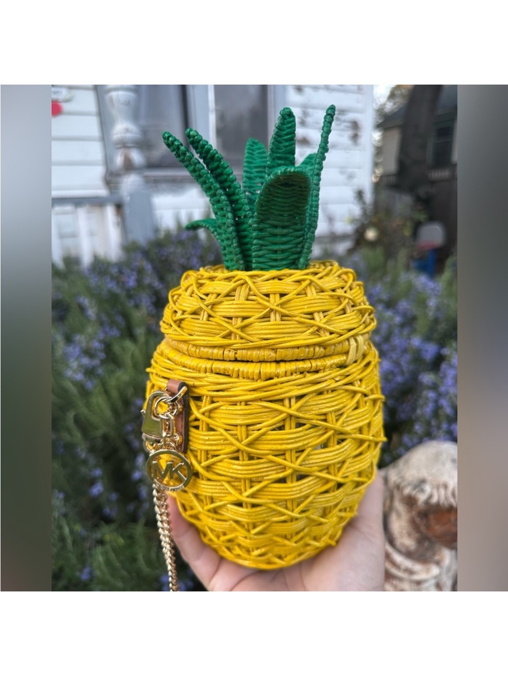 Michael Kors Yellow Wicker Pineapple Crossbody Bag with Green Top - Picture 1 of 7